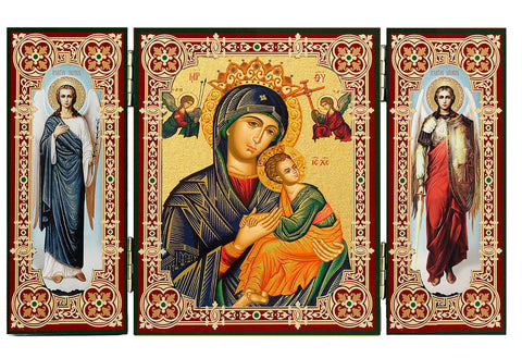 Virgin Mary Icon Triptych, Our Lady of Perpetual Help Saint Mary and Christ With Archangels Saint Michael and Saint Gabriel, Religious Gift