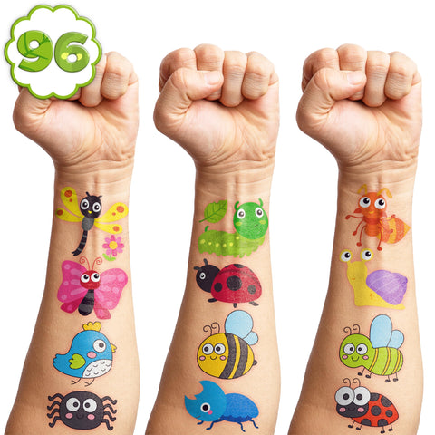 Bug Temporary Tattoos Birthday Party Supplies Decorations 96PCS Tattoos Stickers Insect, Ladybug, Ant, Snail, Butterfly Cute Party Favors Kids Boys Girls Gifts Ideas Classroom School Prizes Themed