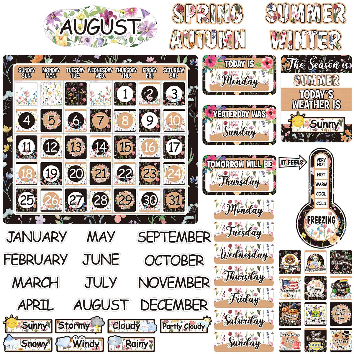 Cholemy 85 Pcs Wildflower Calendar Bulletin Board Set Flower Classroom Calendar Bulletin Board with Numbers Month Weather Back to School Wildfloral Theme Chalkboard Wall Classroom Decoration Supplies