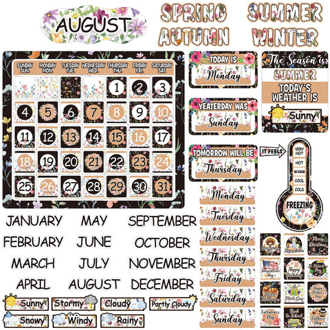 Cholemy 85 Pcs Wildflower Calendar Bulletin Board Set Flower Classroom Calendar Bulletin Board with Numbers Month Weather Back to School Wildfloral Theme Chalkboard Wall Classroom Decoration Supplies