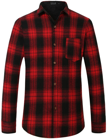 SSLR Flannel Shirt for Men, Long Sleeve Button Down Shirt Plaid Casual (Large, Black Red)