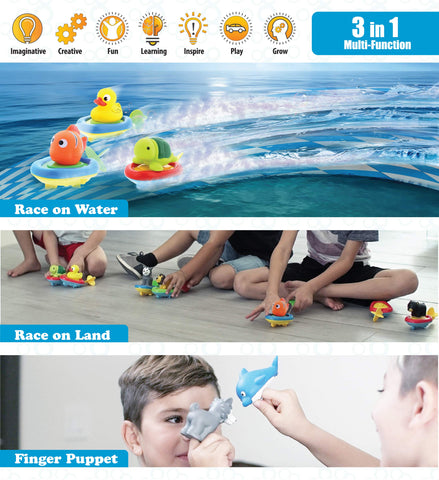 Dollibu Boat Racer Buddy, Fun Educational Bath Toy Finger Puppet Pull and Go Water Racing Sea Life Pal for Shower Pool Bathtub Swim Hard Surfaces - Baby Toddler and Boy - 6 Inch - 3 in 1 Game - Fish