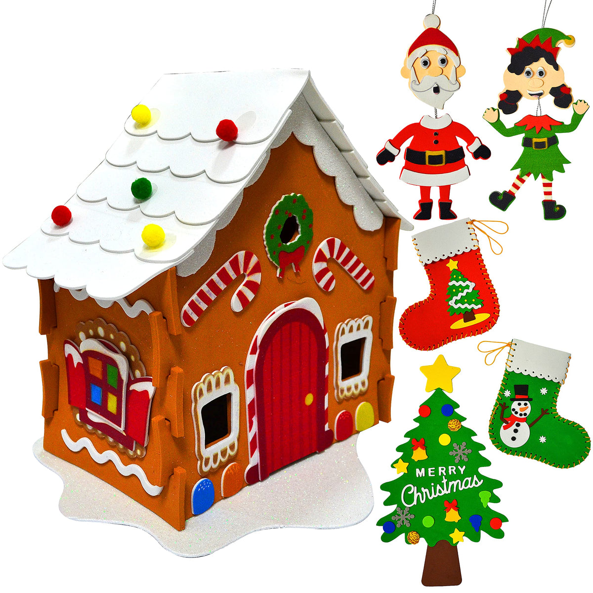 JOYIN Christmas Art and Craft Kit DIY with 3D Gingerbread House, Christmas Tree Door Sign, Foam Stocking Kit, Two Characters Decors Kids Boys & Girls Activities Project Set