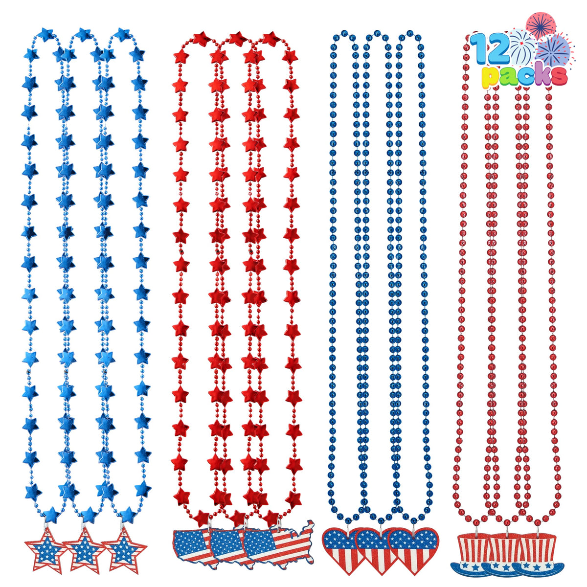 JOYIN 12 Pcs 4th of July Necklaces, Patriotic Star Bead Necklace with USA Hat American map Heart Pendant for 4th of July Party Favors, Independence Day, Memorial Day, Veterans Day, Patriotic Party