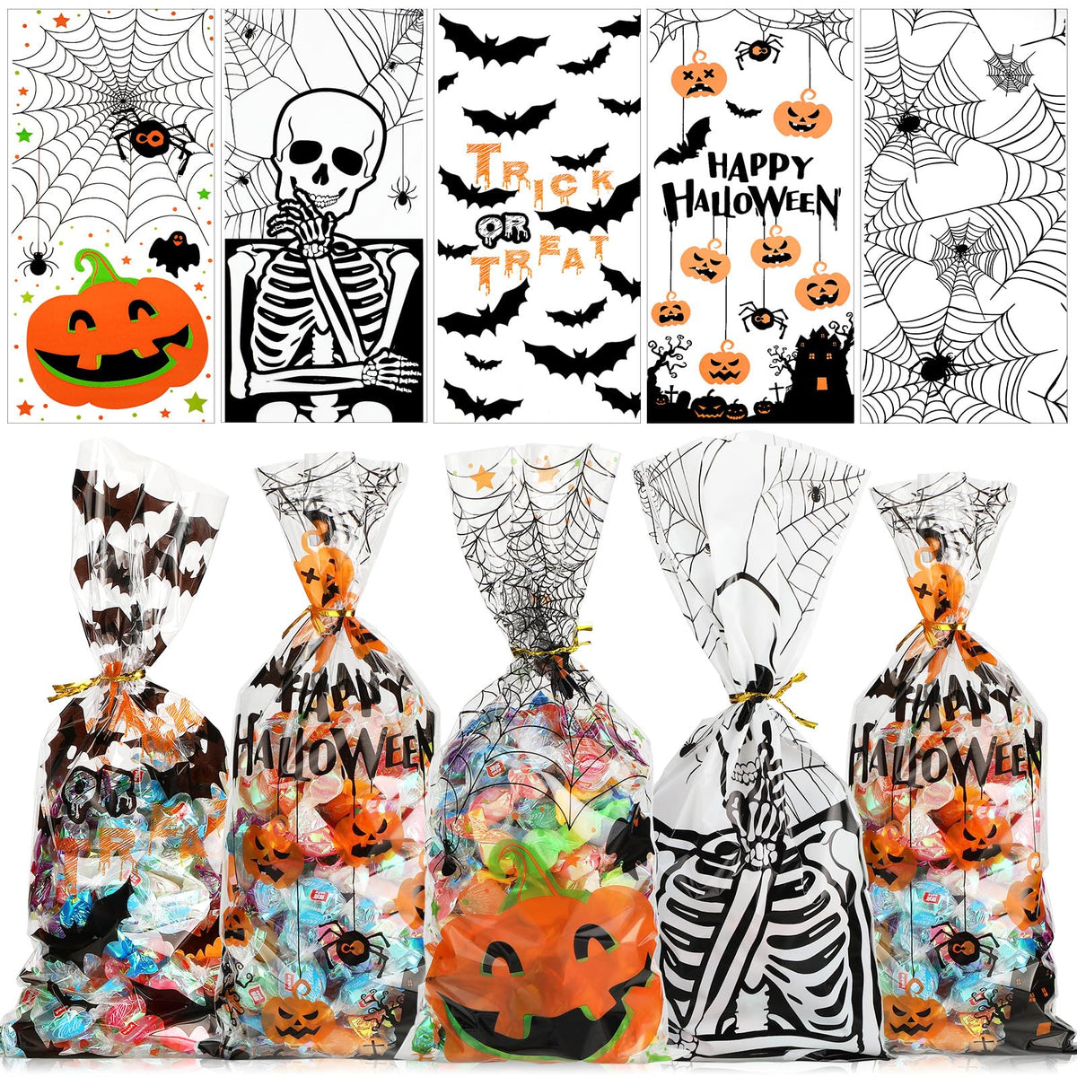 150 Pieces Halloween Candy Cellophane Treat Bags Halloween Print Bags Wrappers Pumpkin Skeleton Spider Trick-or-Treat Cello Bag with 200 Pieces Twist Ties for Children's Party Presents