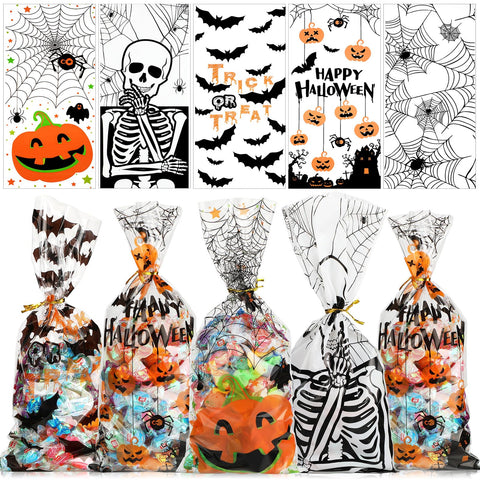 150 Pieces Halloween Candy Cellophane Treat Bags Halloween Print Bags Wrappers Pumpkin Skeleton Spider Trick-or-Treat Cello Bag with 200 Pieces Twist Ties for Children's Party Presents