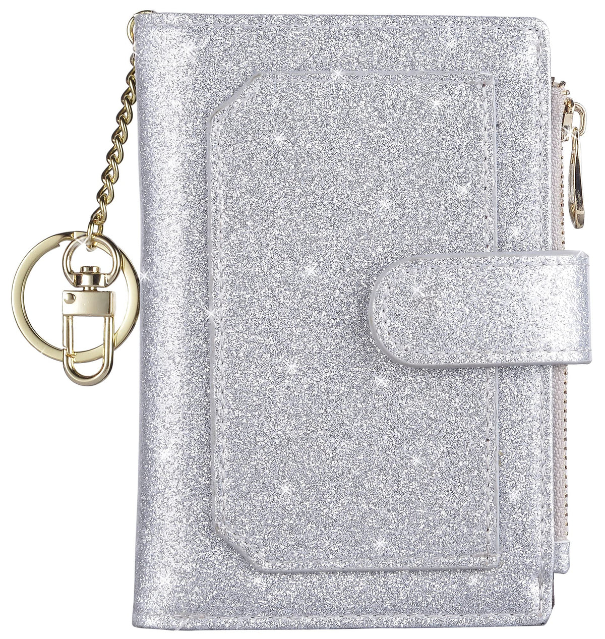 Womens Wallets RFID Small Compact Bifold Leather Card Holder Zip Pocket Keychain - silver - Medium