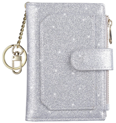 Womens Wallets RFID Small Compact Bifold Leather Card Holder Zip Pocket Keychain - silver - Medium
