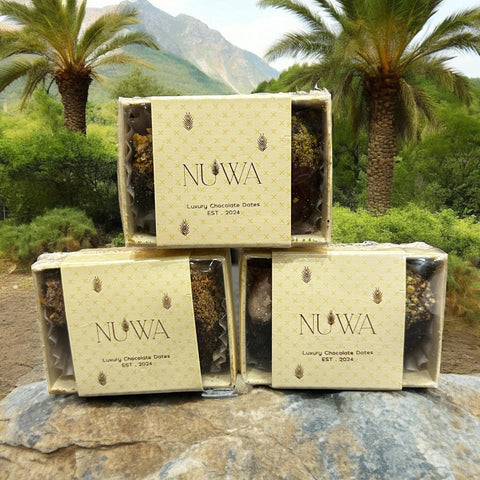 Nuwaâ„¢ Luxury Chocolate Dates - Journey Boxes - Organic Longevity (Small - 3x3pcs) - Handmade in Riyadh - Assorted Half Coated Belgian Chocolate - Pocket-Sized Nutritional Energy Fuel Boost Snack (S)