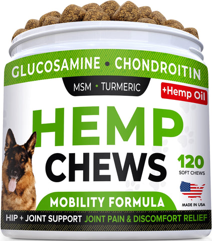 STRELLALAB Hemp Treats + Glucosamine for Dogs - Hip & Joint Supplement - w/Hemp Oil + Protein - Chondroitin, MSM, Turmeric to Improve Mobility & Energy - Natural Joint Pain Relief, 120 Chews