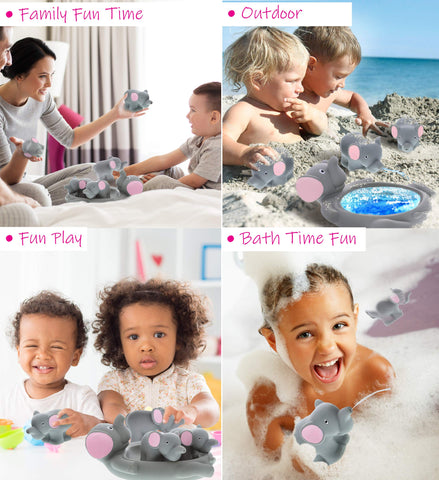 DolliBu Elephant Family Animal Bath Squirters 4 Piece Bath Toy Set, Children Bath Toys for Bathtime & Water Fun, Girls & Boys Floating Rubber Squirt Toys, Pool Toys for Kids - Gray Elephant