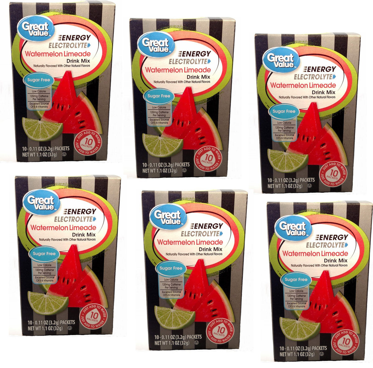 Great Value Sugar Free, Low Calorie ENERGY Watermelon Limeade Drink Mix (Pack of 6)