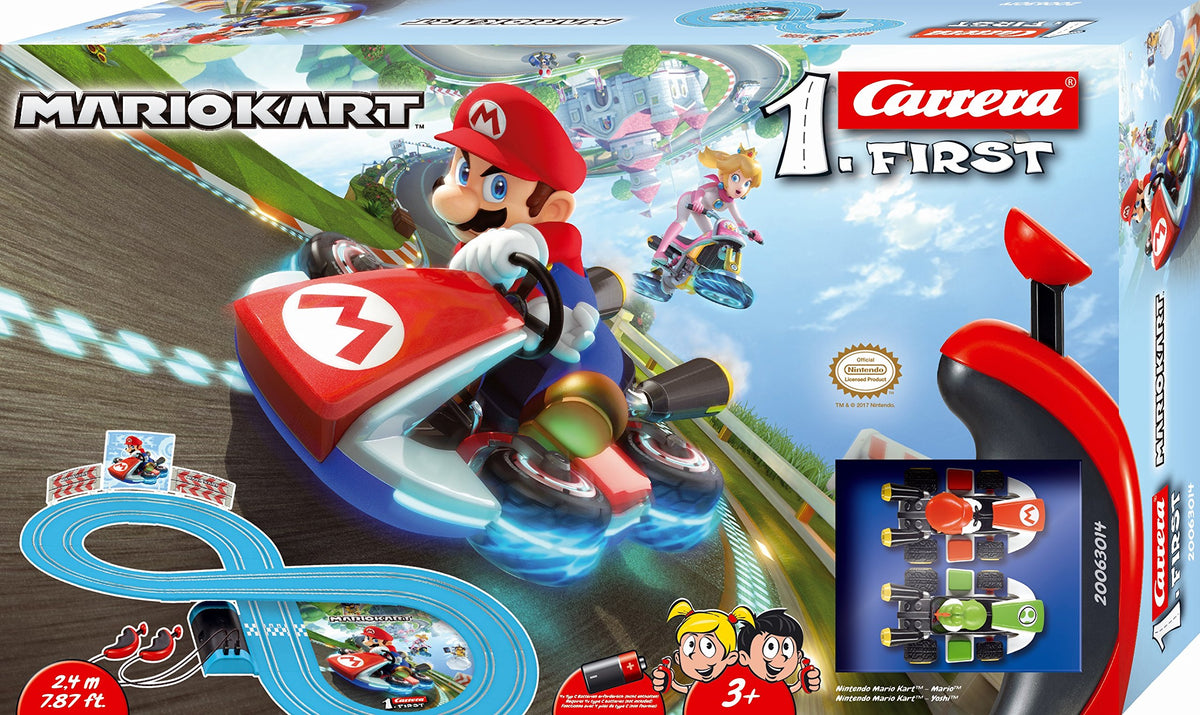 Carrera First Nintendo Mario Kart Slot Car Race Track - Includes 2 Cars: Mario and Yoshi and Two-Controllers - Battery-Powered Beginner Set for Kids Ages 3 Years and Up