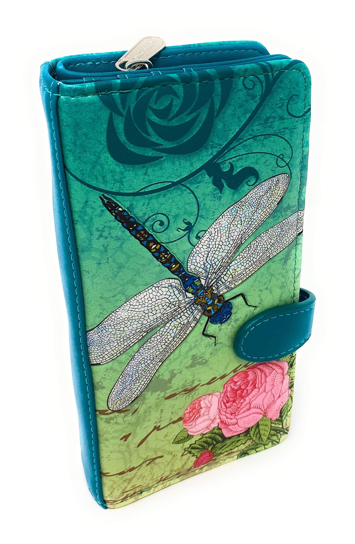 Shag Wear Vintage Dragonfly Large Wallet for Women and Teen Girls Vegan Faux Leather 7" Teal
