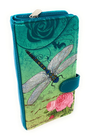 Shag Wear Vintage Dragonfly Large Wallet for Women and Teen Girls Vegan Faux Leather 7" Teal