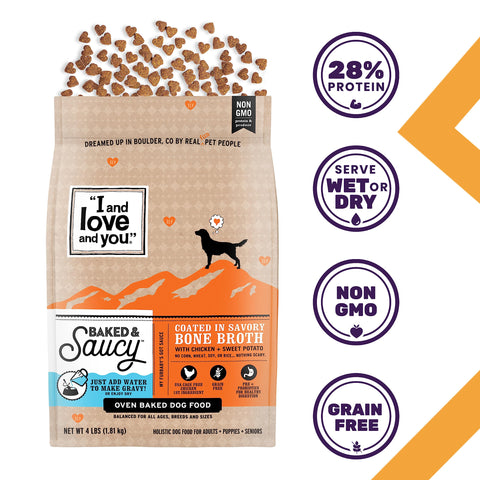 I AND LOVE AND YOU "I and love and you" Baked & Saucy Grain Free Kibble Dry Dog Food with Gravy Coating (Variety of Flavors)