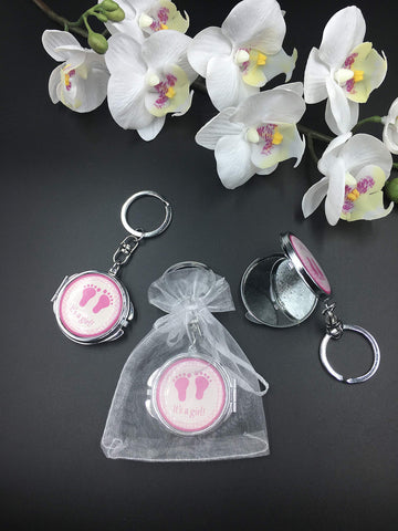 12 New Baby Shower Pink Girl Baby Foot Design Mirror Keychain Party Favor Set With Organza Bag