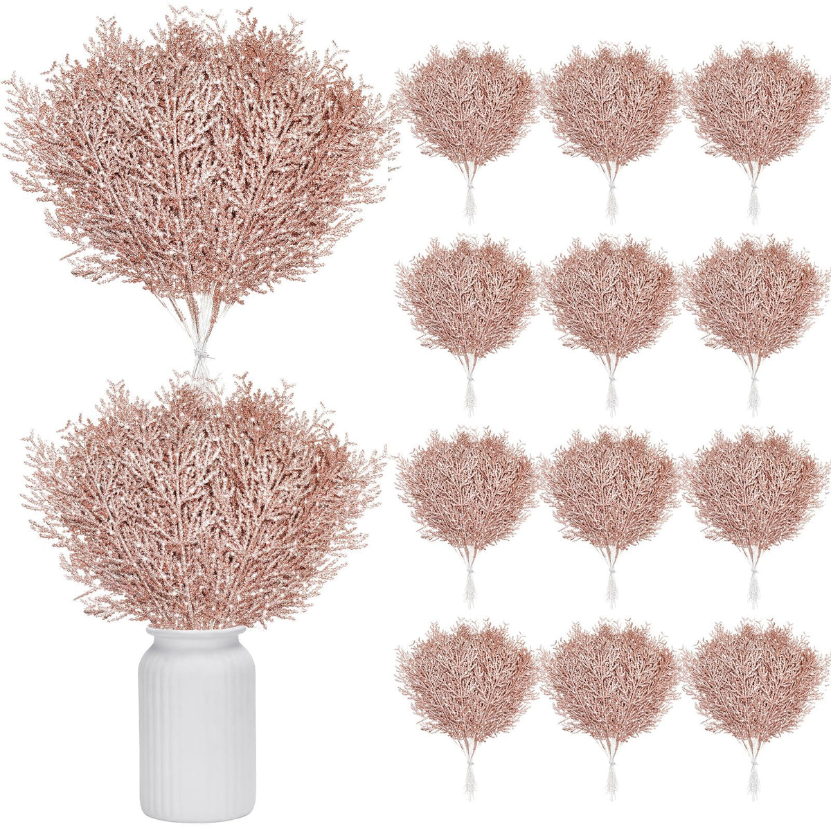 Giegxin 48 Pcs Christmas Glitter Artificial Pine Needles Pine Tree Twig Picks Branches for Christmas Tree Glittery Stem for Christmas DIY Wreath Garden Embellishing Garland Decoration (Rose Gold)