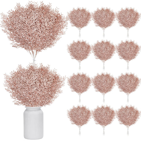 Giegxin 48 Pcs Christmas Glitter Artificial Pine Needles Pine Tree Twig Picks Branches for Christmas Tree Glittery Stem for Christmas DIY Wreath Garden Embellishing Garland Decoration (Rose Gold)