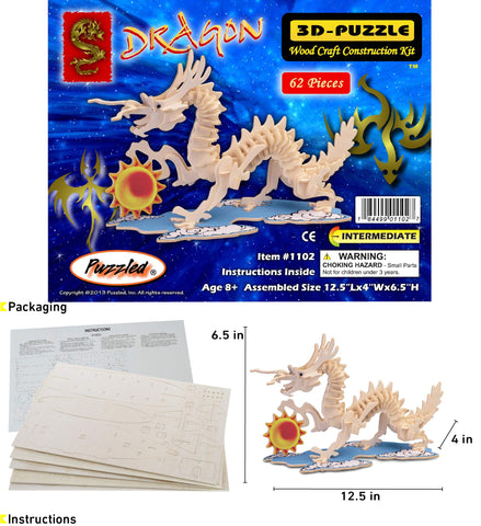 Puzzled 3D Puzzle Dragon Wood Craft Construction Model Kit, Fun Unique & Educational DIY Wooden Toy Assemble Model Unfinished Crafting Hobby Puzzle to Build & Paint for Decoration 62 Pieces Pack