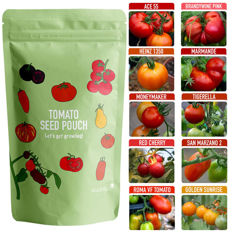 Scott&Co. Tomato Seed Variety Pack, Indoor, Outdoor, UK Planting, Moneymaker, Roma VF, San Marzano, Golden Sunrise, Red Cherry, Tigerella Tomato Seeds, Gardening Gifts for Women and Men