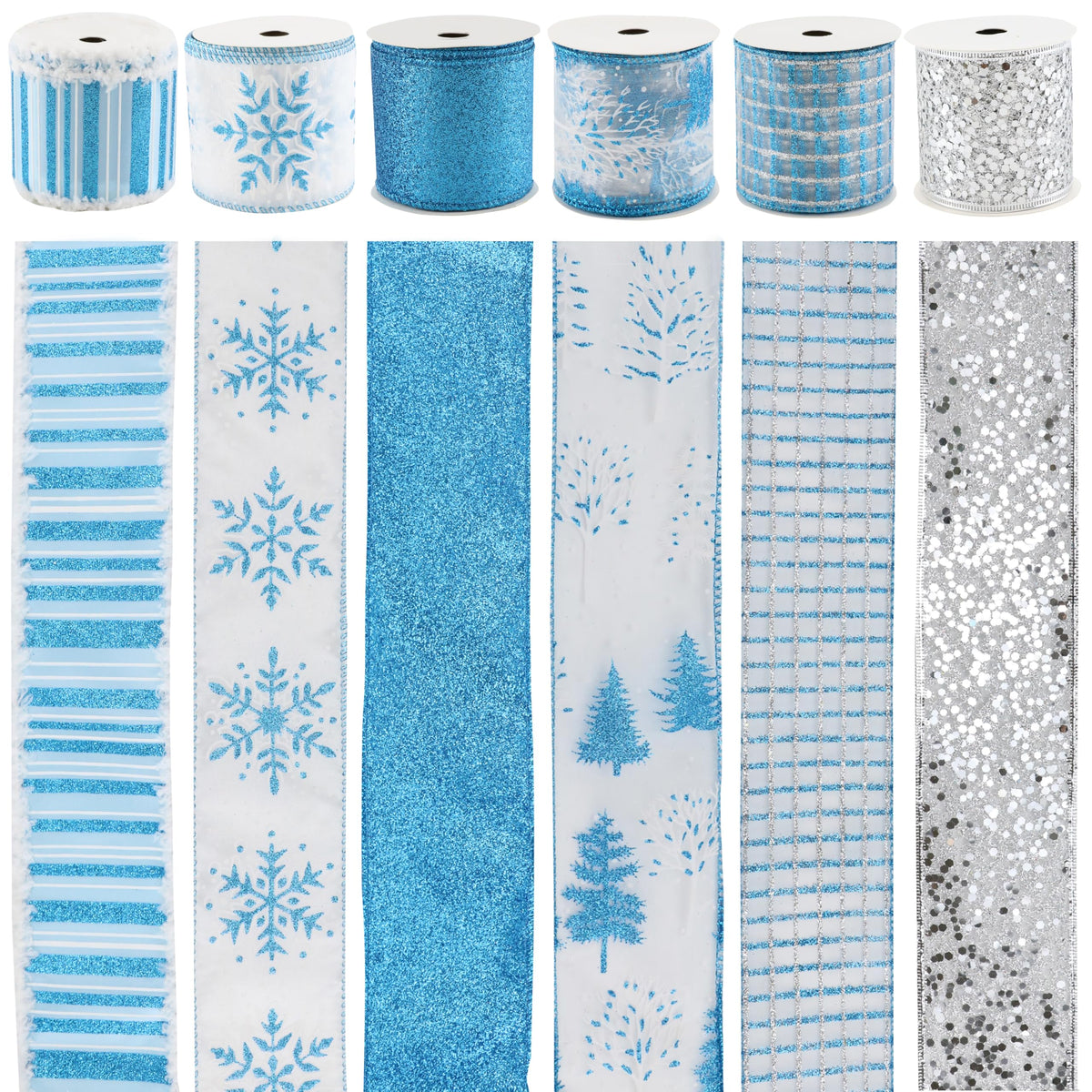 Mayreel Blue Christmas Ribbon Wired 2.5" Blue and Silver Wired Ribbon for Christmas Tree Turquoise Wired Ribbon for Wreaths, Tree Topper Bows, Crafts, Home Decor, Gift Wrapping, 6 Roll 36 Yards Total