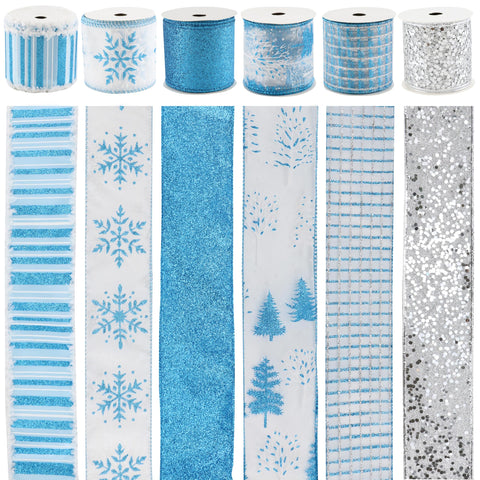 Mayreel Blue Christmas Ribbon Wired 2.5" Blue and Silver Wired Ribbon for Christmas Tree Turquoise Wired Ribbon for Wreaths, Tree Topper Bows, Crafts, Home Decor, Gift Wrapping, 6 Roll 36 Yards Total