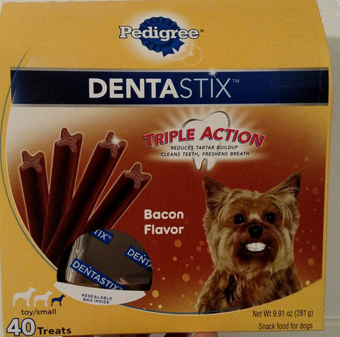 Dentastix Dog Treats for small / toy sized dog snacks / 40 count BIG box! Recommended 1x per day / Bacon flavor / Triple Action clean breathe for you small or toy sized dog. Did I mention BACON??!