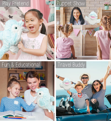 DolliBu Dolphin Plush Hand Puppet for Kids - Soft Plush Stuffed Animal Hand Puppet Toy for Puppet Show Games Puppet Theaters for Kids, Adult Cute Puppets Educational Toy to Teach Children & Toddlers