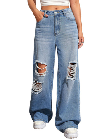 VIUTIL Womens Wide Leg Ripped Jeans Baggy Jeans for Women Loose Boyfriend Distressed Jeans, 9082 Blue Size 4, Blue