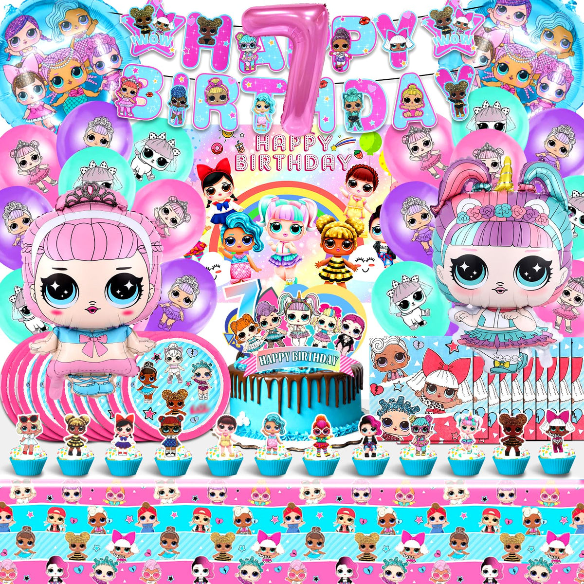 Birthday Lol Decoration Kit, Balloons Lol 7 Years, Lol Party Decorations for Girls, Cake Decorations Lol, Birthday Background, Lol Paper Plates, Lol Birthday Tablecloth, Lol Party Napkins