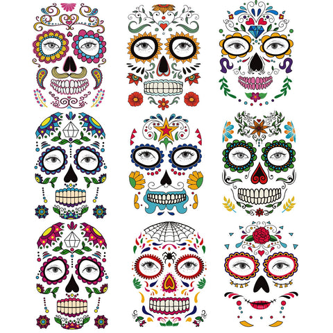 9 Sheets Day of the Dead Skeleton Face Tattoo, Glitter Red Roses Halloween Temporary Tattoos for Men Women Makeup Tattoo Sticker