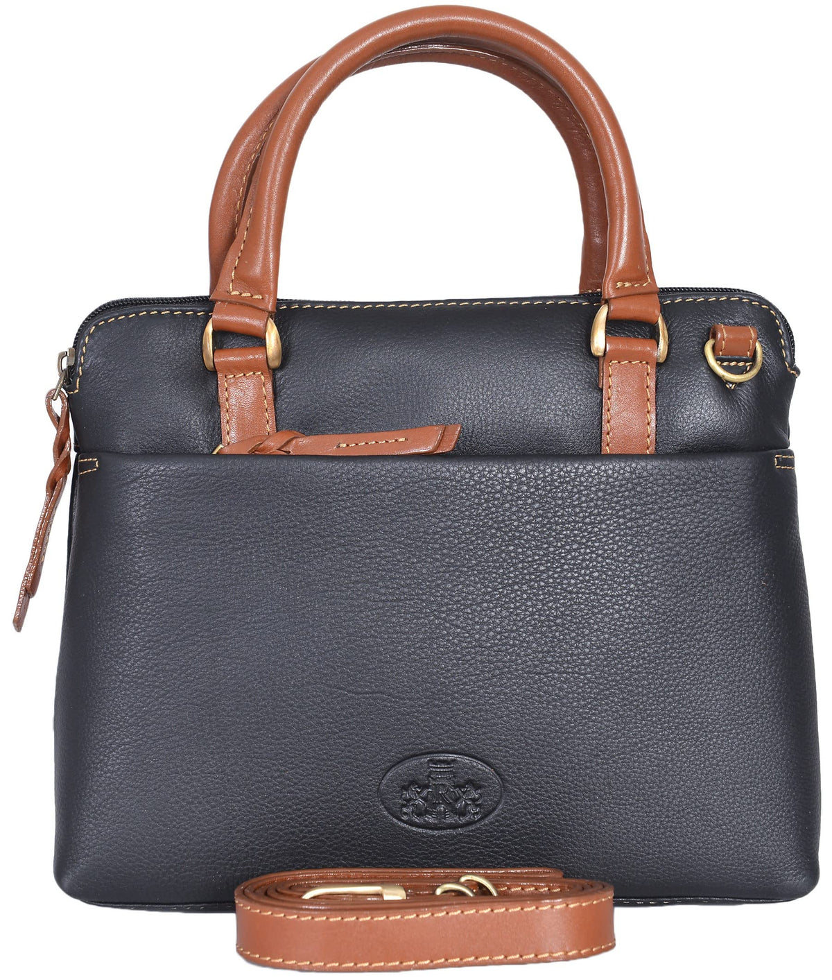 Rowallan Small Structured Leather Top Handle Bag With Detachable Shoulder Strap (Black)