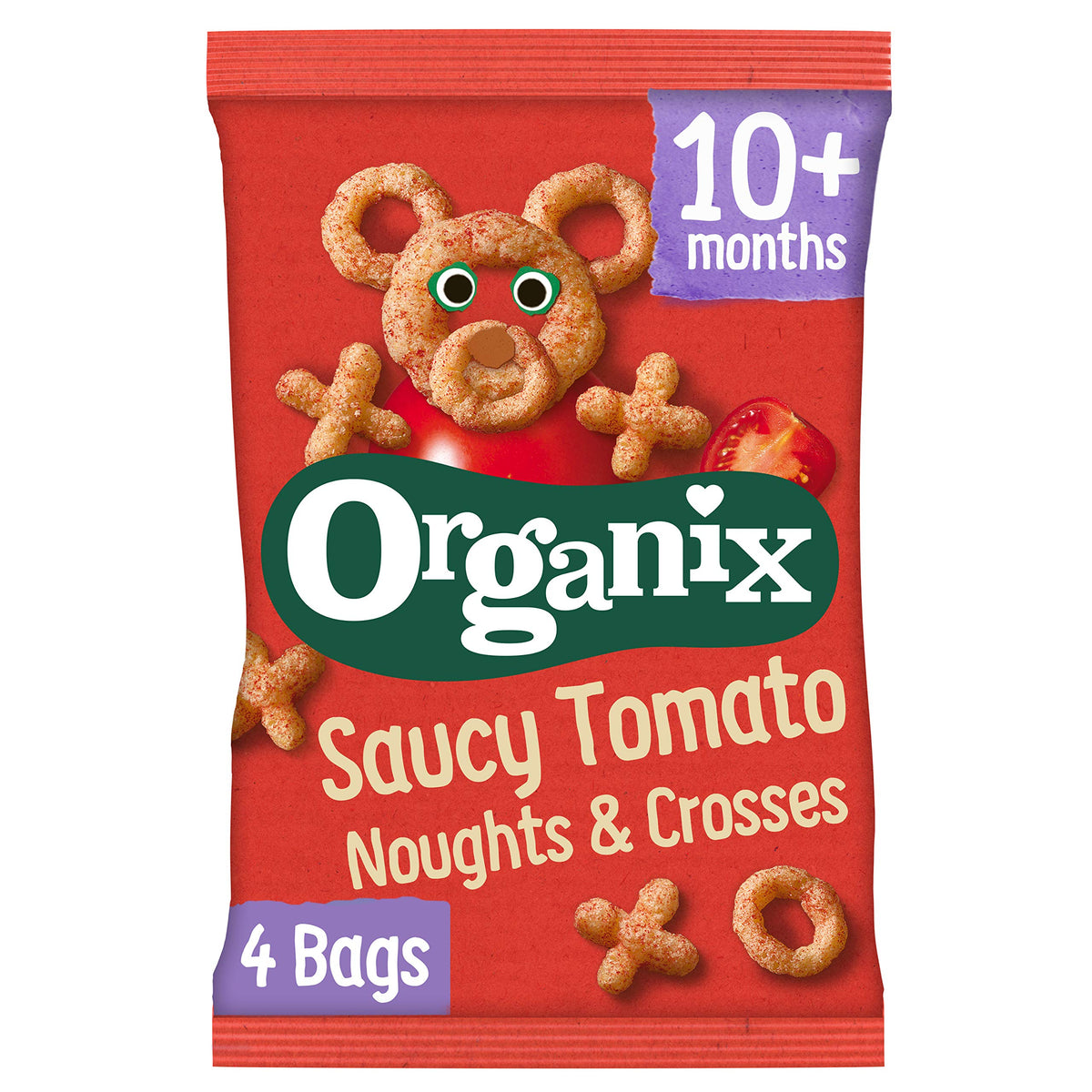 Organix Tomato Noughts & Crosses Organic Finger Food Toddler Snack Corn Puffs 10+ Months Multipack 4x15g (Pack of 3)