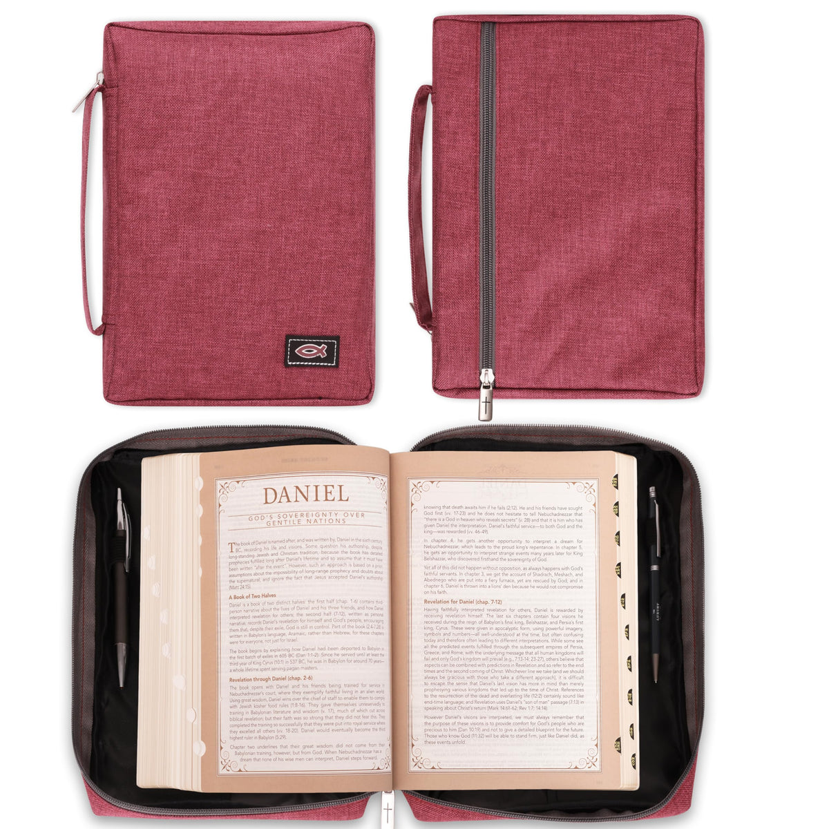 Christian Art Gifts Men/Women's Bible Cover Jesus Fish, Red Canvas, Small