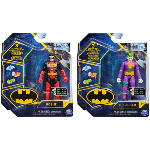 DC Comics Batman 4-inch Robin and The Joker Action Figures for Boys with 6 Mystery Accessories, Kids Toys for Boys Aged 3 and up