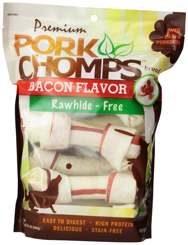 Pork Chomps Baked Pork Skin Dog Chews, 6-inch Knots, Bacon Flavor Strip, 8 Count
