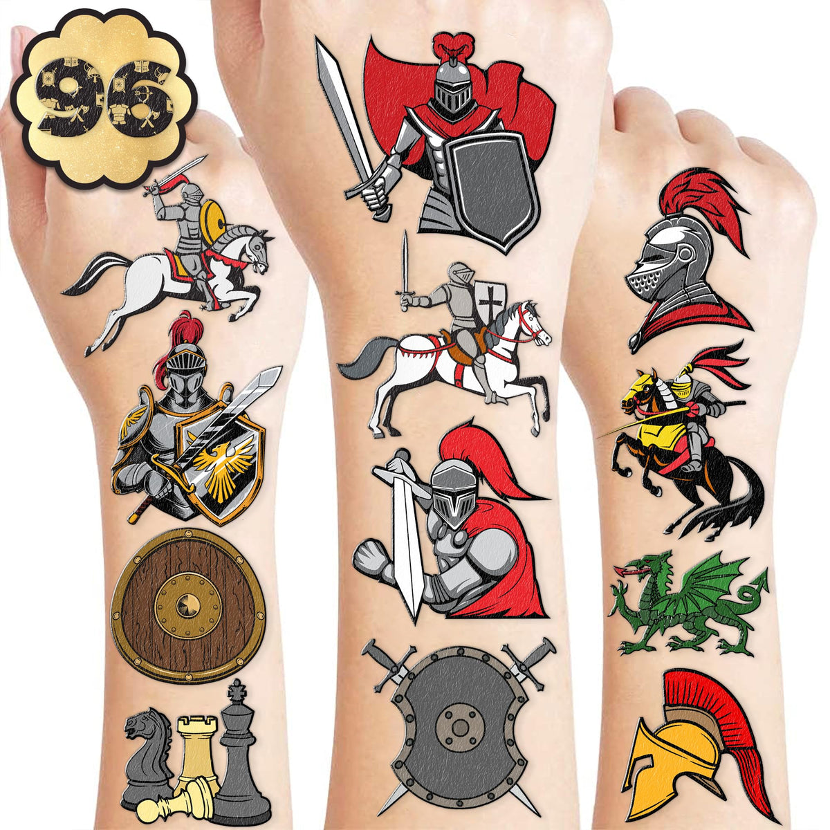 Generic 96PCS Knight Temporary Tattoos Medieval Birthday Party Supplies Favors Decorations Super Cute Fake Tattoos Stickers for Boys Girls School Classroom Rewards Gifts Ideal Halloween
