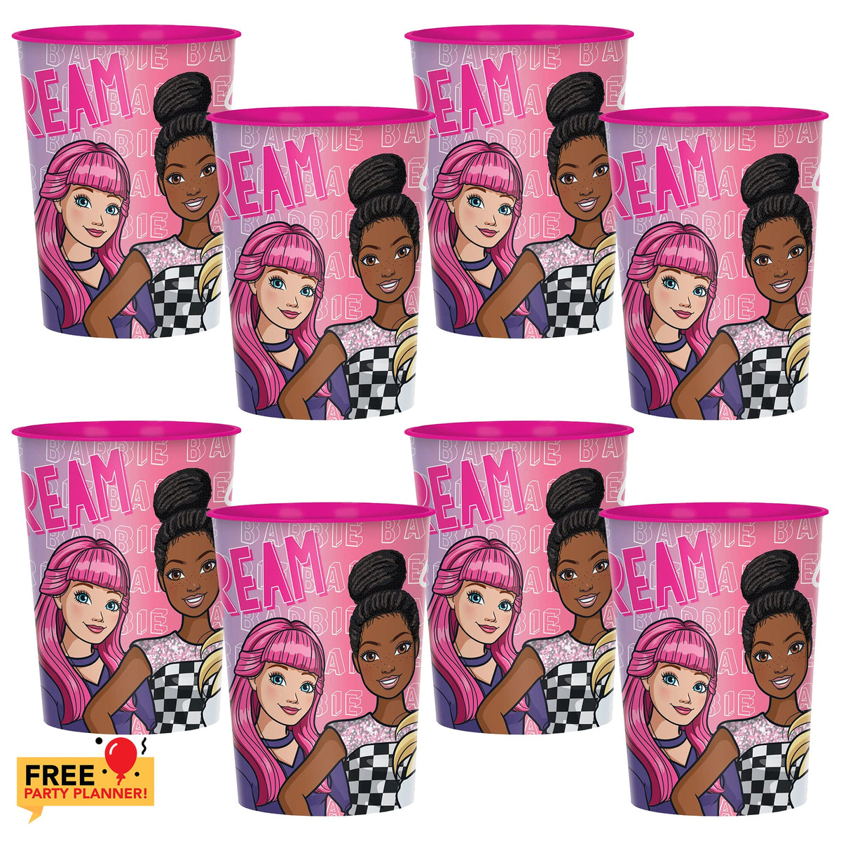 amscan 8 Count Barbie Favor Cups - 16 oz Cup for Parties, Drinks, Birthday Favors, Pink Girls, Kids, Decorations Set, Fill with Candy, Stickers, Popcorn