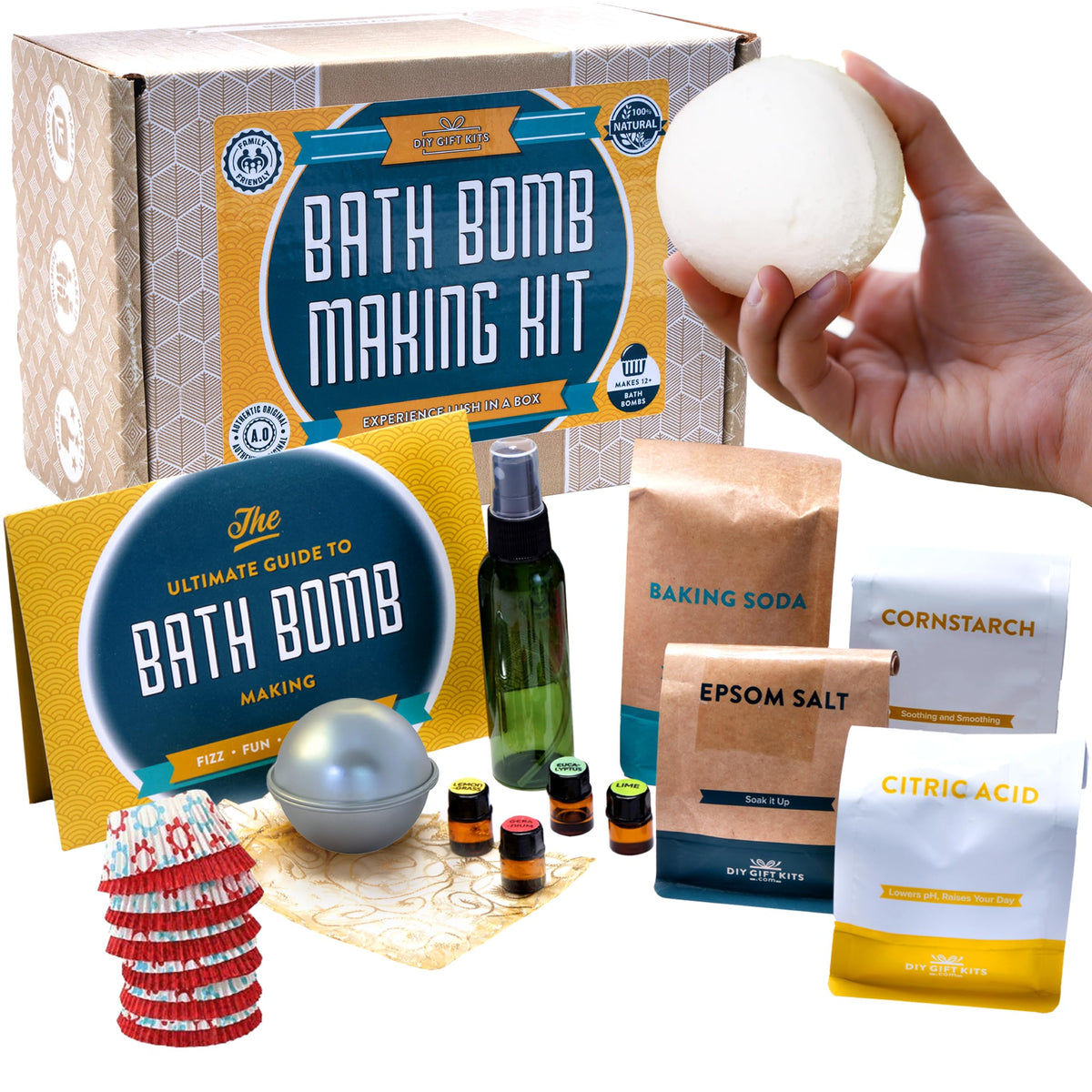 DIY Gift Kits Bath Bomb Kit, Making 100% Pure Therapeutic Grade Essential Oils, (Makes 12 DIY Cupcake Mold Bath Bombs), Gift Box Included.