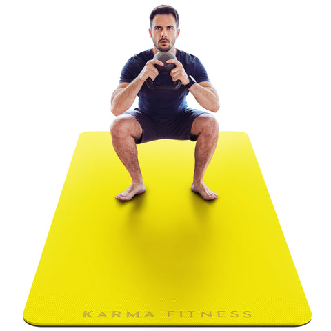 Large Exercise Mat - Extra Wide & Extra Thick Yoga Mat (183cm x 80cm x 10mm), TPE Fitness Mat with Free Carry Straps, Perfect for HiiT Home Workouts & Pilates - 'STRONG & FLEXIBLE' (Yellow Plain)