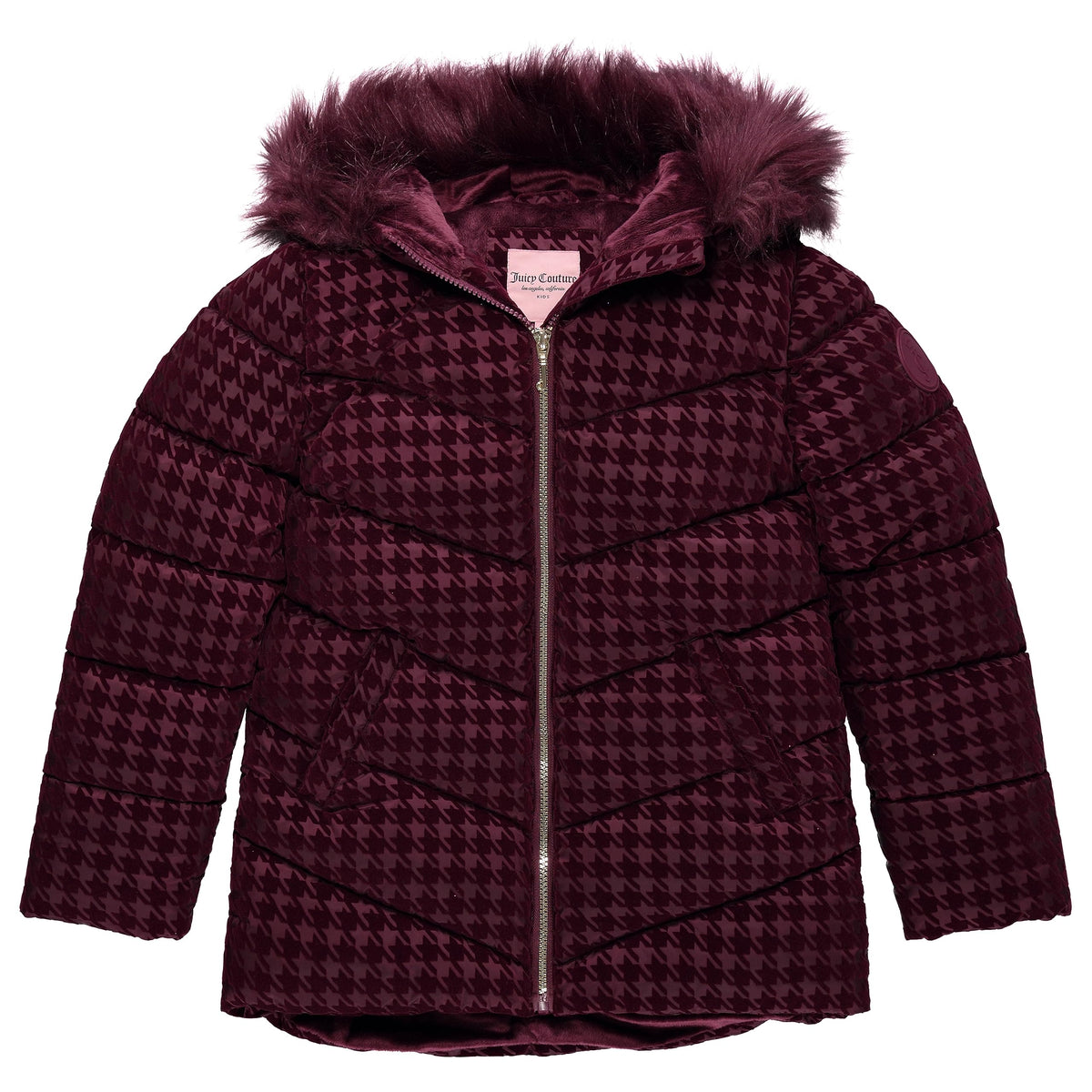 Juicy Couture Hooded Heavyweight Flocked Bubble Puffer Coat - Warm Puffy Girls Winter Jacket, Kids Outerwear - Mauve Wine/M