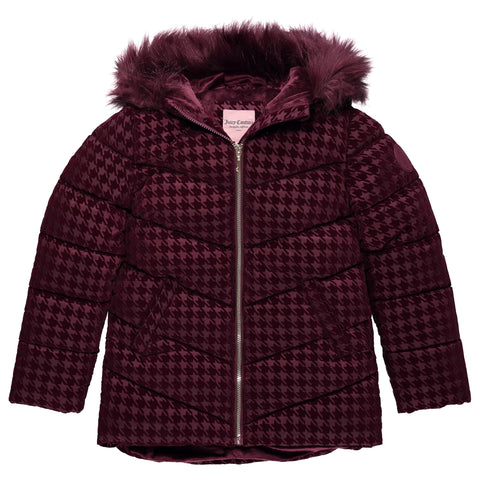 Juicy Couture Hooded Heavyweight Flocked Bubble Puffer Coat - Warm Puffy Girls Winter Jacket, Kids Outerwear - Mauve Wine/M