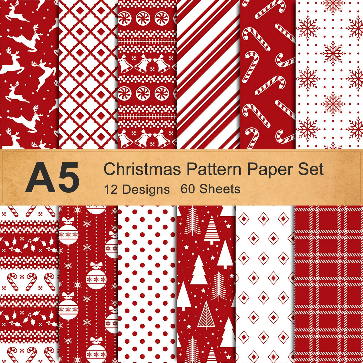 Whaline 12 Designs Christmas Pattern Paper A5 Size 60 Sheet Snowflake Reindeer Christmas Tree Glossy Pattern Paper White Red Decorative Craft Paper Double-Sided Folded Flat for Card Making Scrapbook
