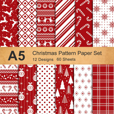 Whaline 12 Designs Christmas Pattern Paper A5 Size 60 Sheet Snowflake Reindeer Christmas Tree Glossy Pattern Paper White Red Decorative Craft Paper Double-Sided Folded Flat for Card Making Scrapbook