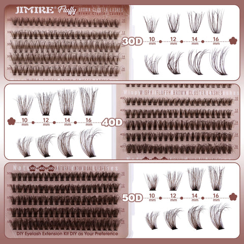 JIMIRE Brown Lash Clusters 300Pcs Fluffy Brown Cluster Eyelash Extensions Wispy Lashes Clusters D Curl 30D+40D+50D Brown Fluddy DIY False Eyelashes Pack
