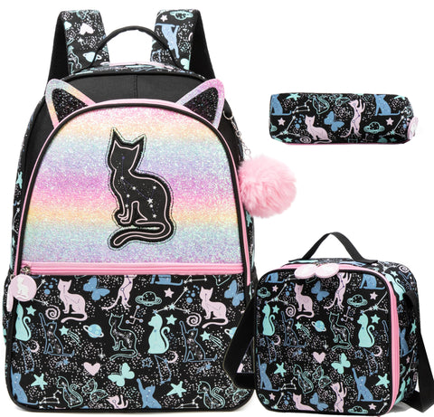 Meetbelify Cute Cat School Backpacks for Girls Black Backpack with Lunch Box for Elementary Student Kids Back to School Supplies for Girls Ages 8-10
