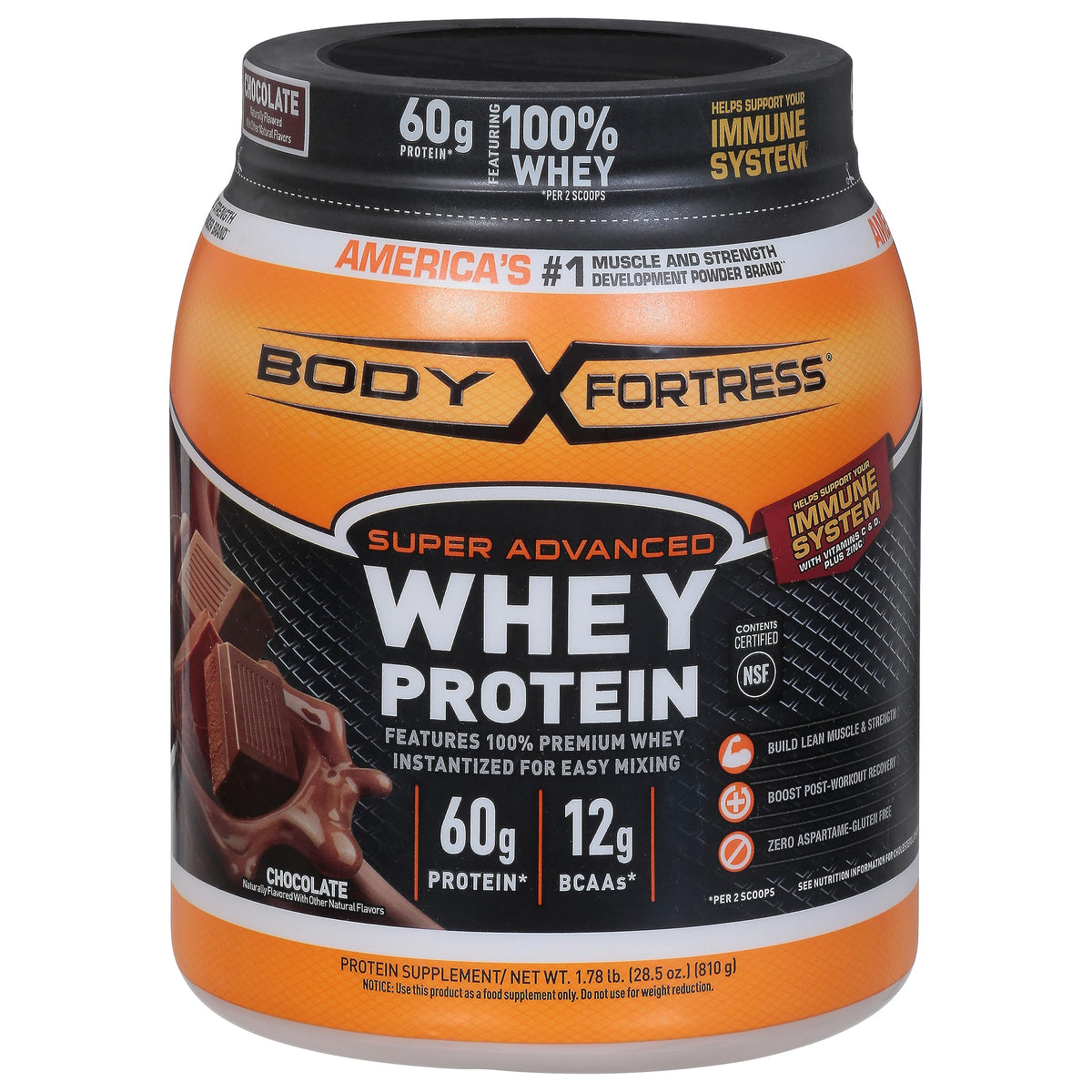 Body Fortress Super Advanced Whey Protein Powder, Chocolate, Immune Support (1), Vitamins C & D Plus Zinc, 1.78 lbs (Packaging May Vary)