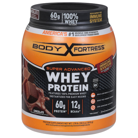 Body Fortress Super Advanced Whey Protein Powder, Chocolate, Immune Support (1), Vitamins C & D Plus Zinc, 1.78 lbs (Packaging May Vary)