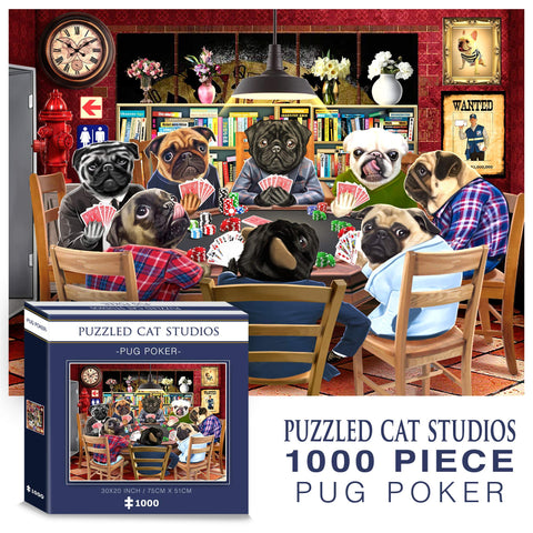 Pug Jigsaw Puzzle - Pug Puzzles for Adults 1000 Piece - Dogs Playing Poker
